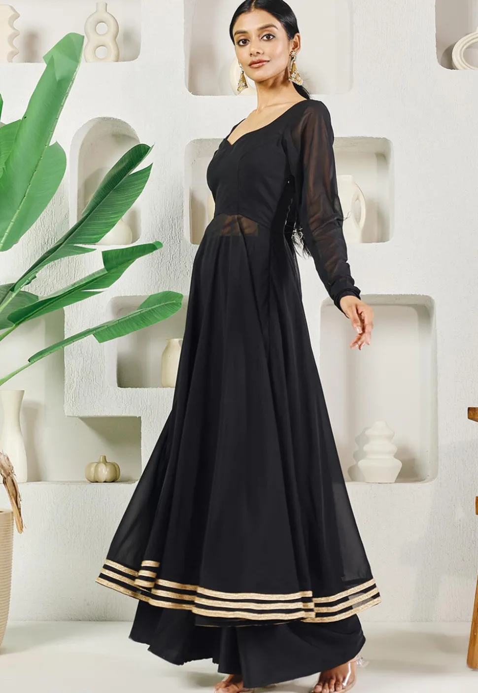 Lace Embellished Georgette A Line Suit in Black