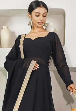 Lace Embellished Georgette A Line Suit in Black