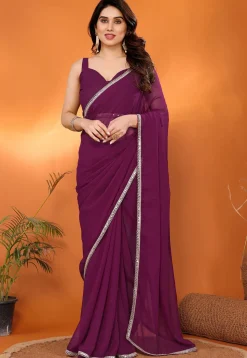 Lace Embellished Georgette Saree in Purple