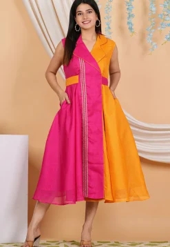Lace Embellished Kota Doria Aline Dress in Fuchsia and Orange