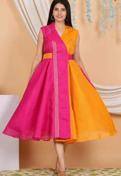 Lace Embellished Kota Doria Aline Dress in Fuchsia and Orange