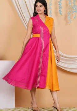 Lace Embellished Kota Doria Aline Dress in Fuchsia and Orange