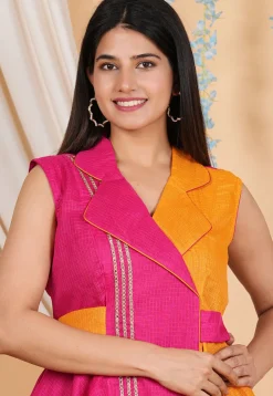Lace Embellished Kota Doria Aline Dress in Fuchsia and Orange