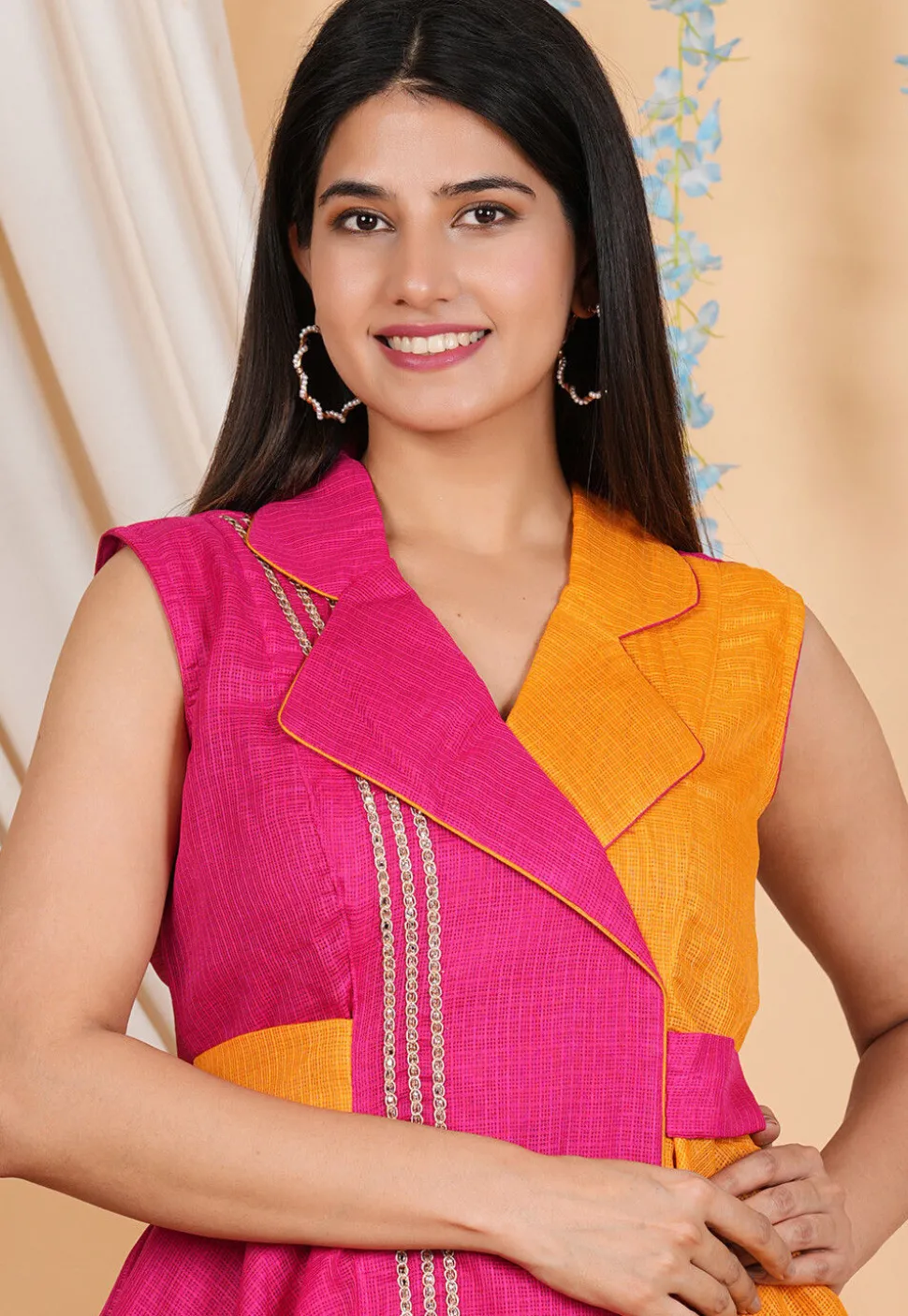 Lace Embellished Kota Doria Aline Dress in Fuchsia and Orange