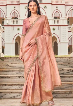 Lace Embellished Organza Saree in Peach