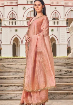 Lace Embellished Organza Saree in Peach