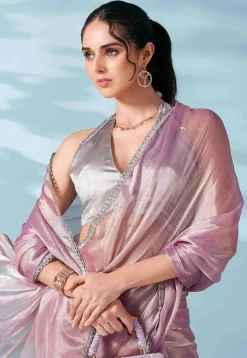 Lace Embellished Organza Saree in Light Purple