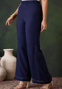 Lace Embellished Rayon Palazzo in Navy Blue
