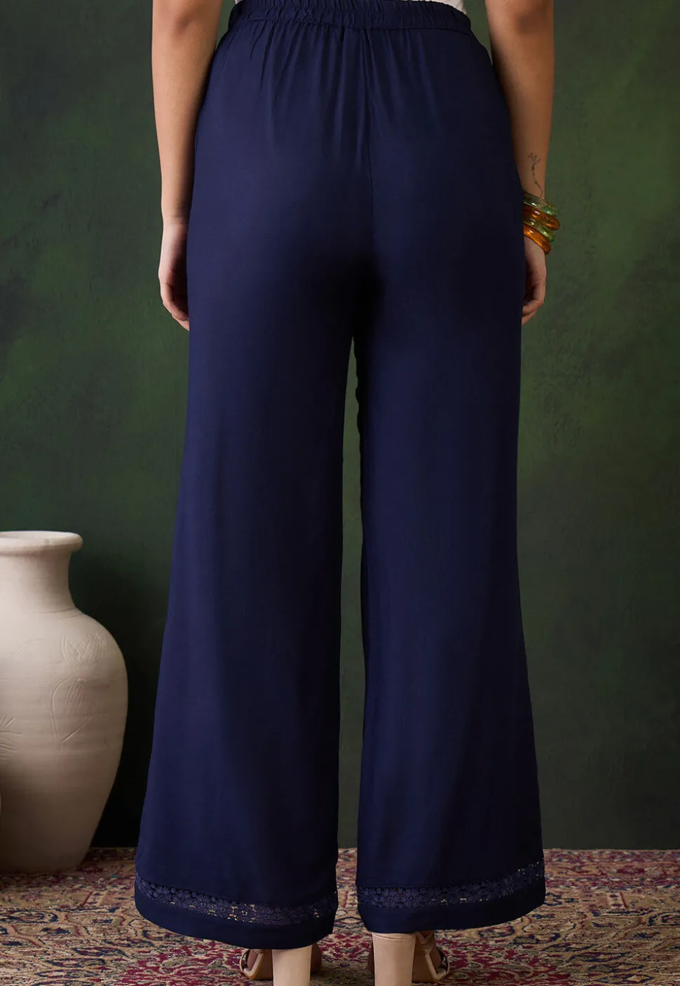 Lace Embellished Rayon Palazzo in Navy Blue