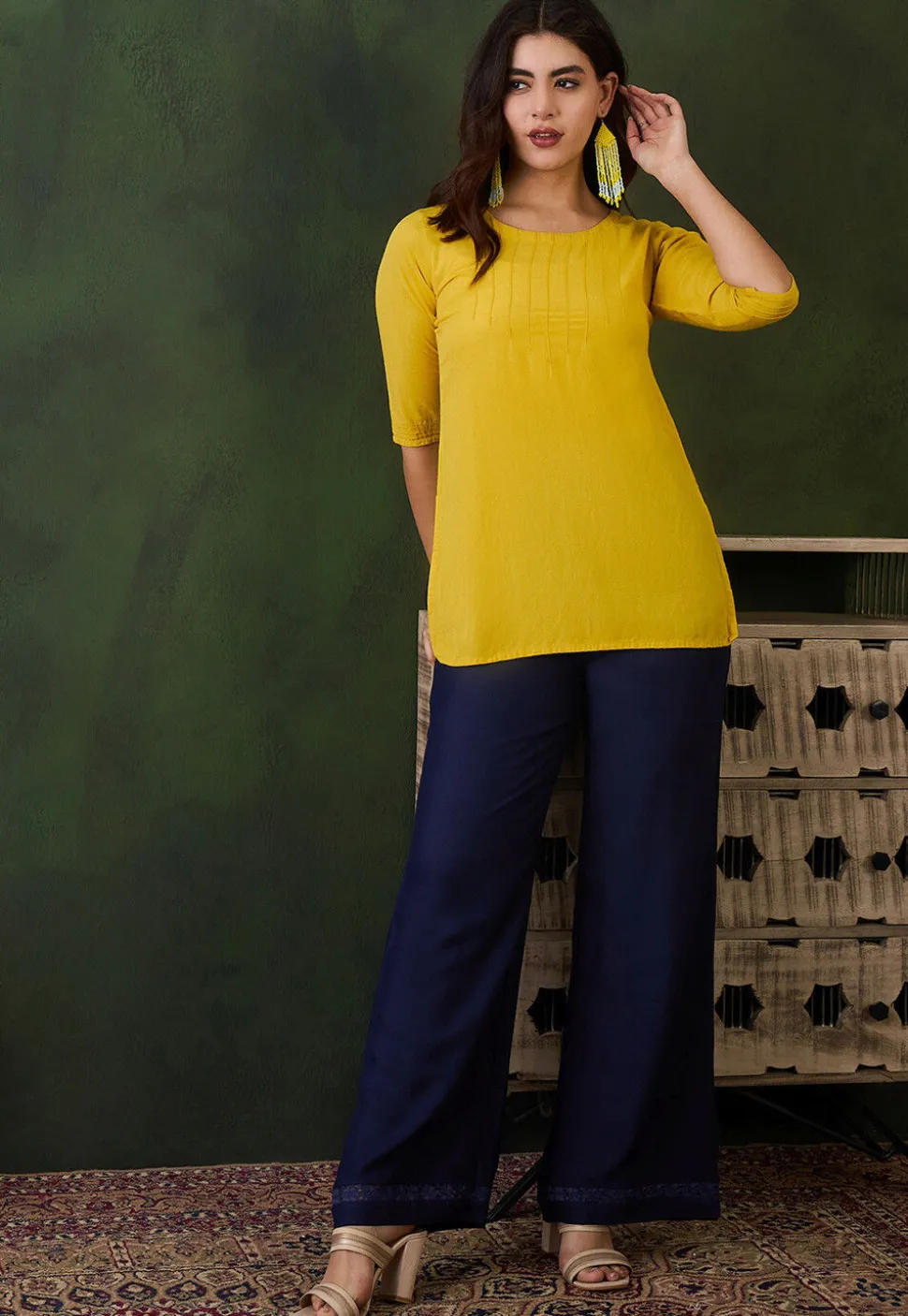 Lace Embellished Rayon Palazzo in Navy Blue
