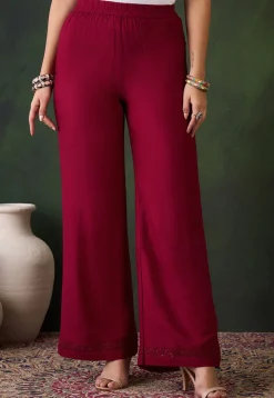 Lace Embellished Rayon Palazzo in Maroon