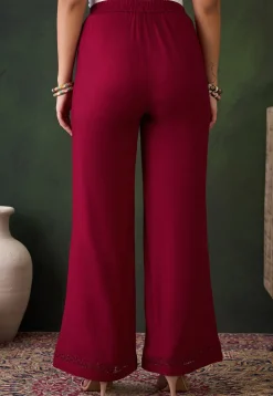 Lace Embellished Rayon Palazzo in Maroon