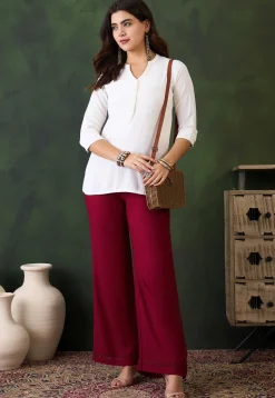 Lace Embellished Rayon Palazzo in Maroon