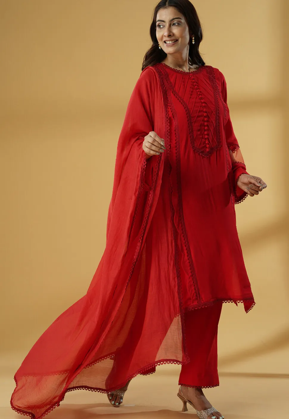 Lace Embellished Rayon Pakistani Suit in Red
