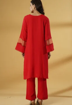 Lace Embellished Rayon Pakistani Suit in Red