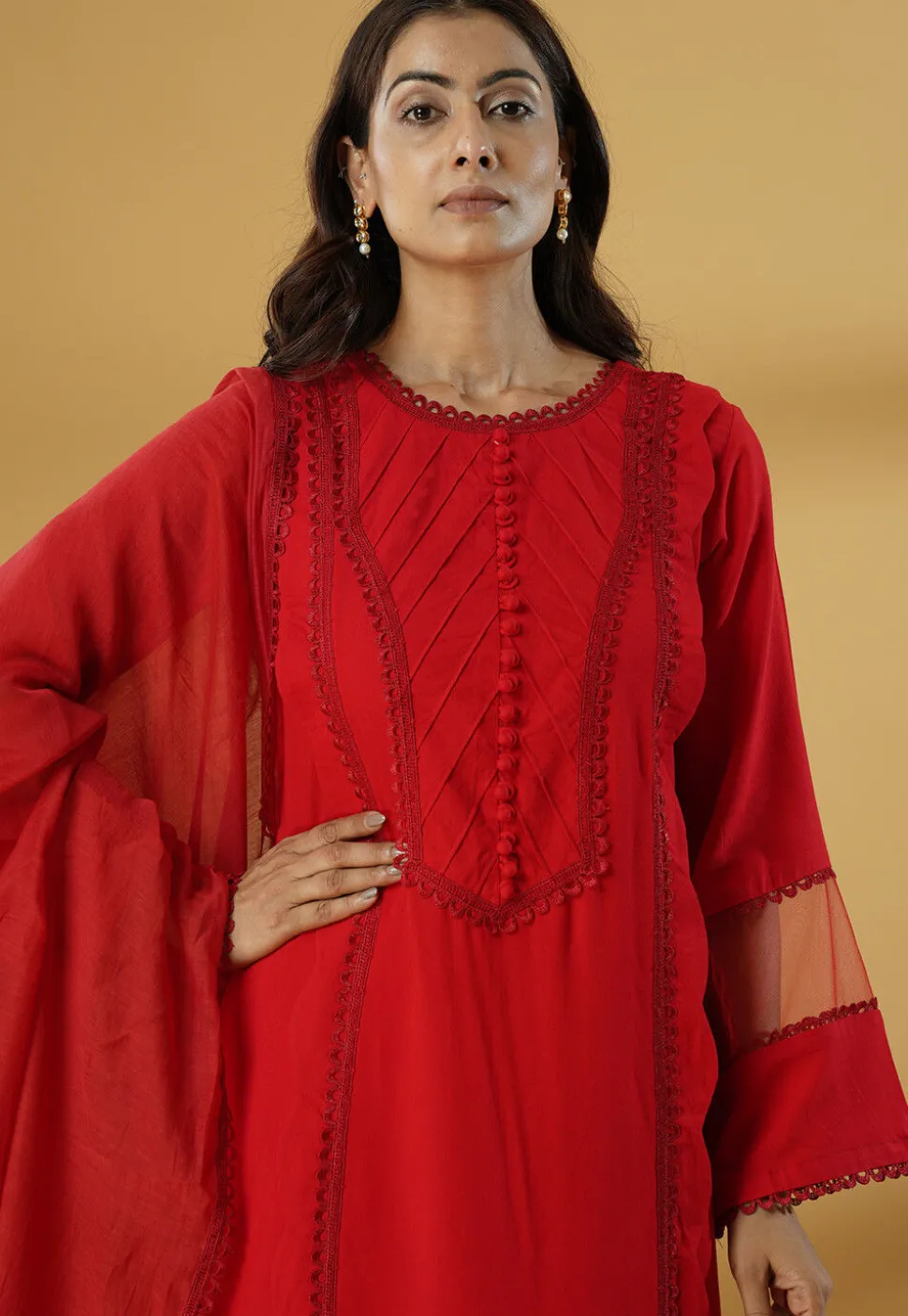 Lace Embellished Rayon Pakistani Suit in Red