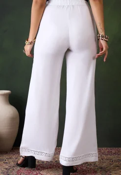 Lace Embellished Rayon Palazzo in White