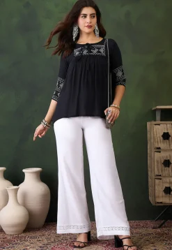 Lace Embellished Rayon Palazzo in White