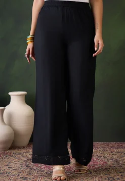 Lace Embellished Rayon Palazzo in Black