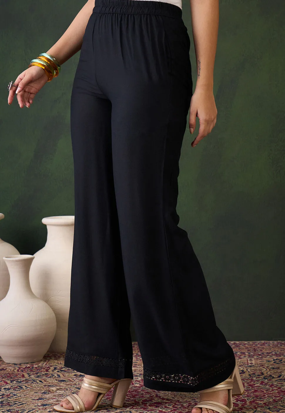 Lace Embellished Rayon Palazzo in Black