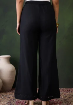 Lace Embellished Rayon Palazzo in Black