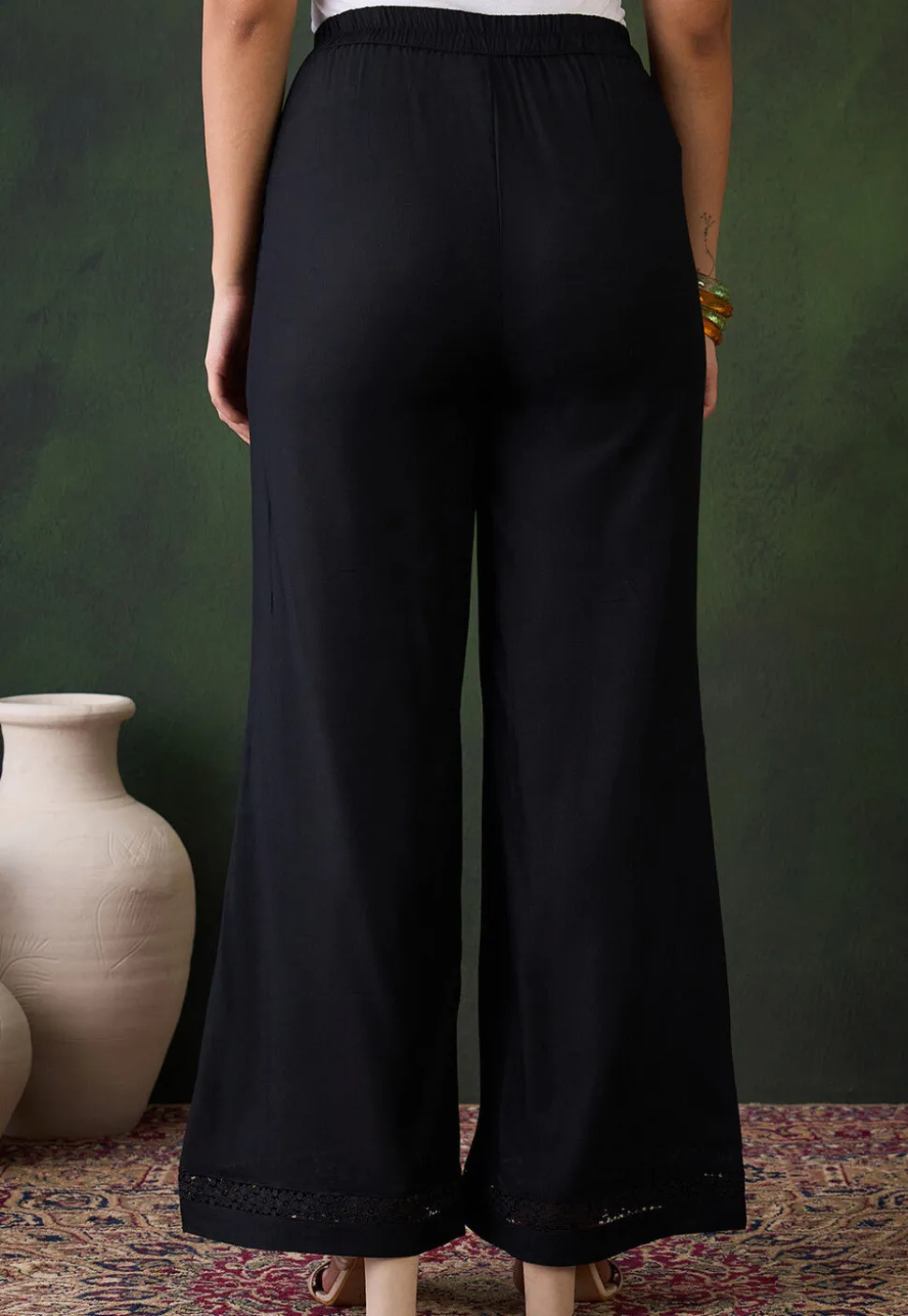 Lace Embellished Rayon Palazzo in Black