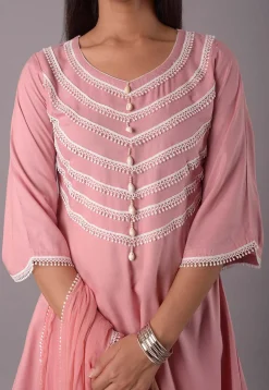 Lace Embellished Rayon Pakistani Suit in Peach