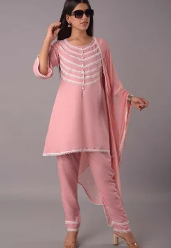 Lace Embellished Rayon Pakistani Suit in Peach