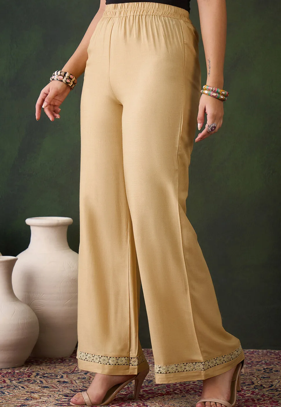 Lace Embellished Rayon Palazzo in Beige