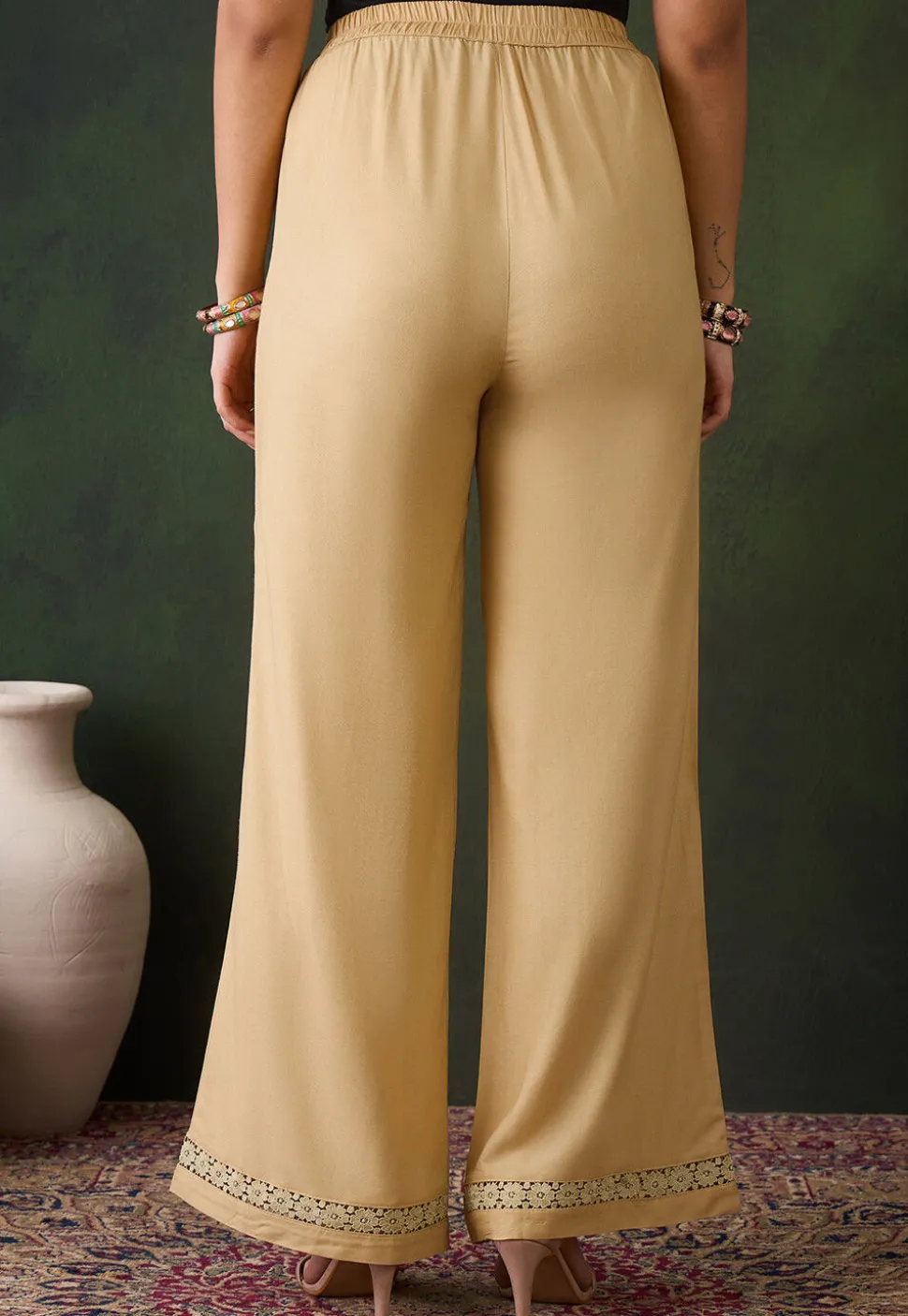 Lace Embellished Rayon Palazzo in Beige