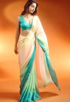 Lace Embellished Satin Saree in Multicolor