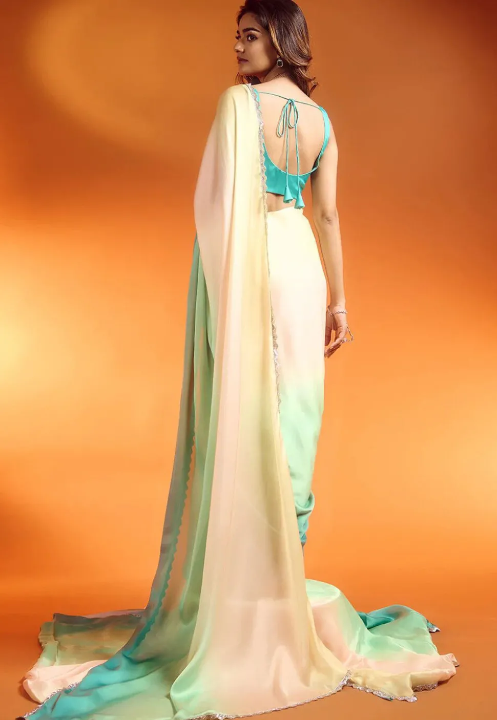 Lace Embellished Satin Saree in Multicolor