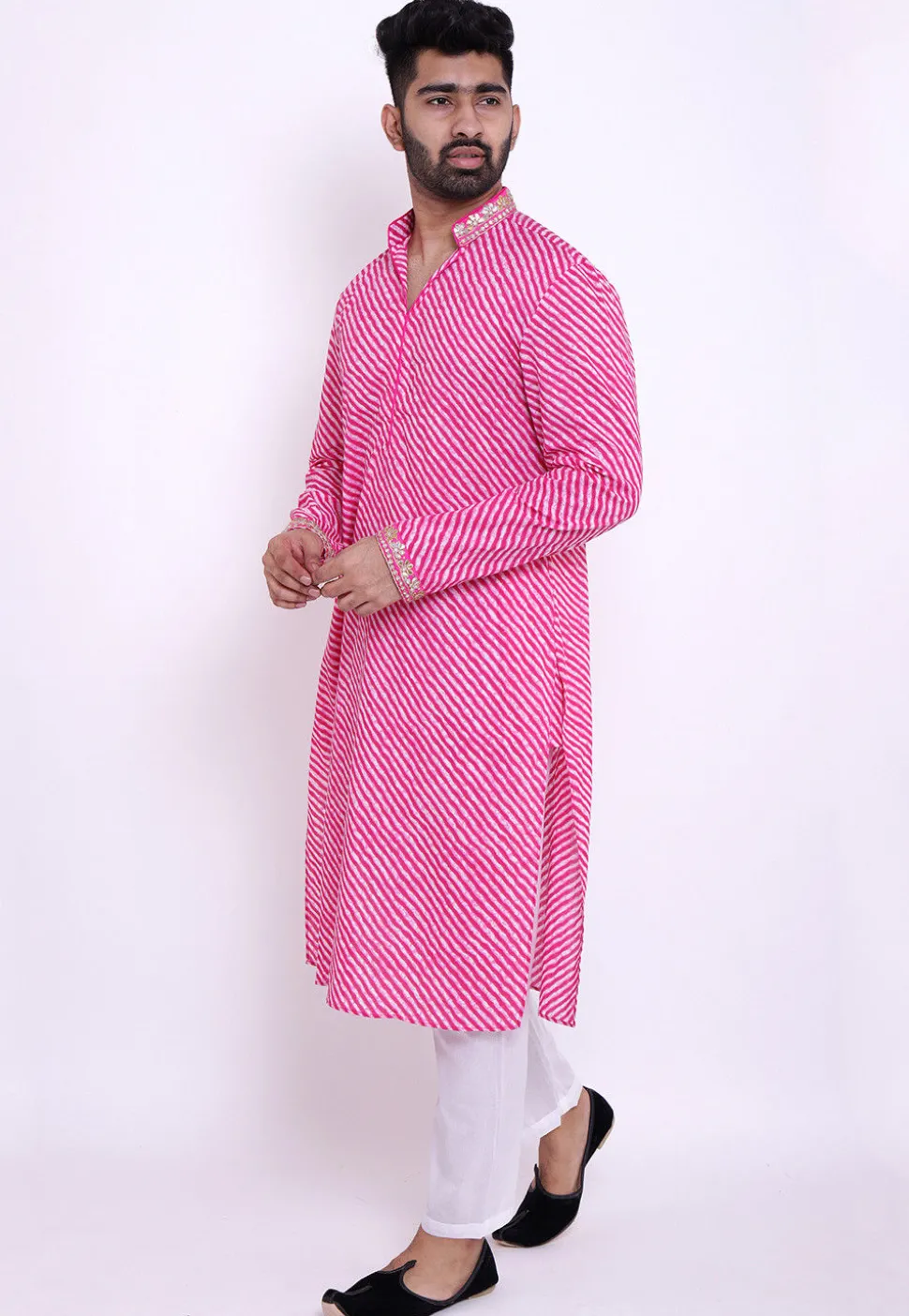 Leheriya Cotton Kurta Set in Pink