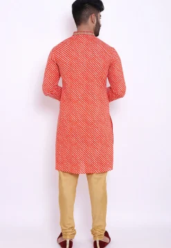 Leheriya Cotton Short Kurta in Red and Off White