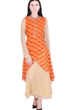 Leheriya Georgette Abaya Style Kurta in Orange and Beige