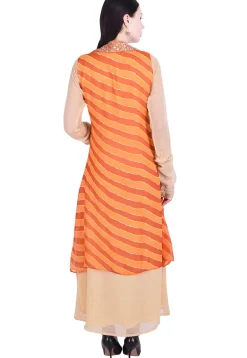 Leheriya Georgette Abaya Style Kurta in Orange and Beige