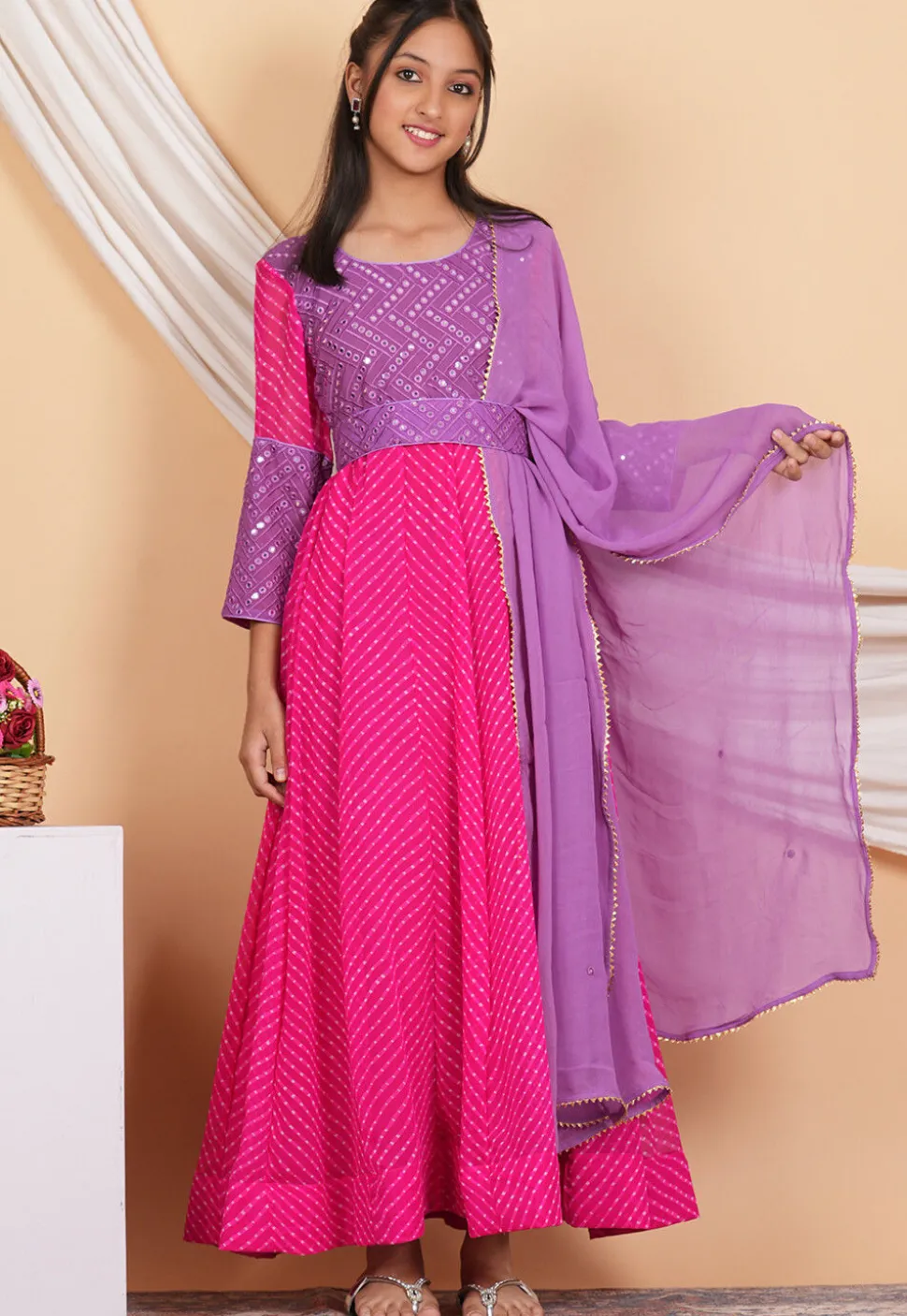 Leheriya Georgette Abaya Style Suit in Fuchsia and Purple