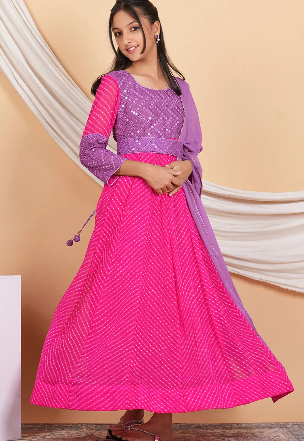 Leheriya Georgette Abaya Style Suit in Fuchsia and Purple