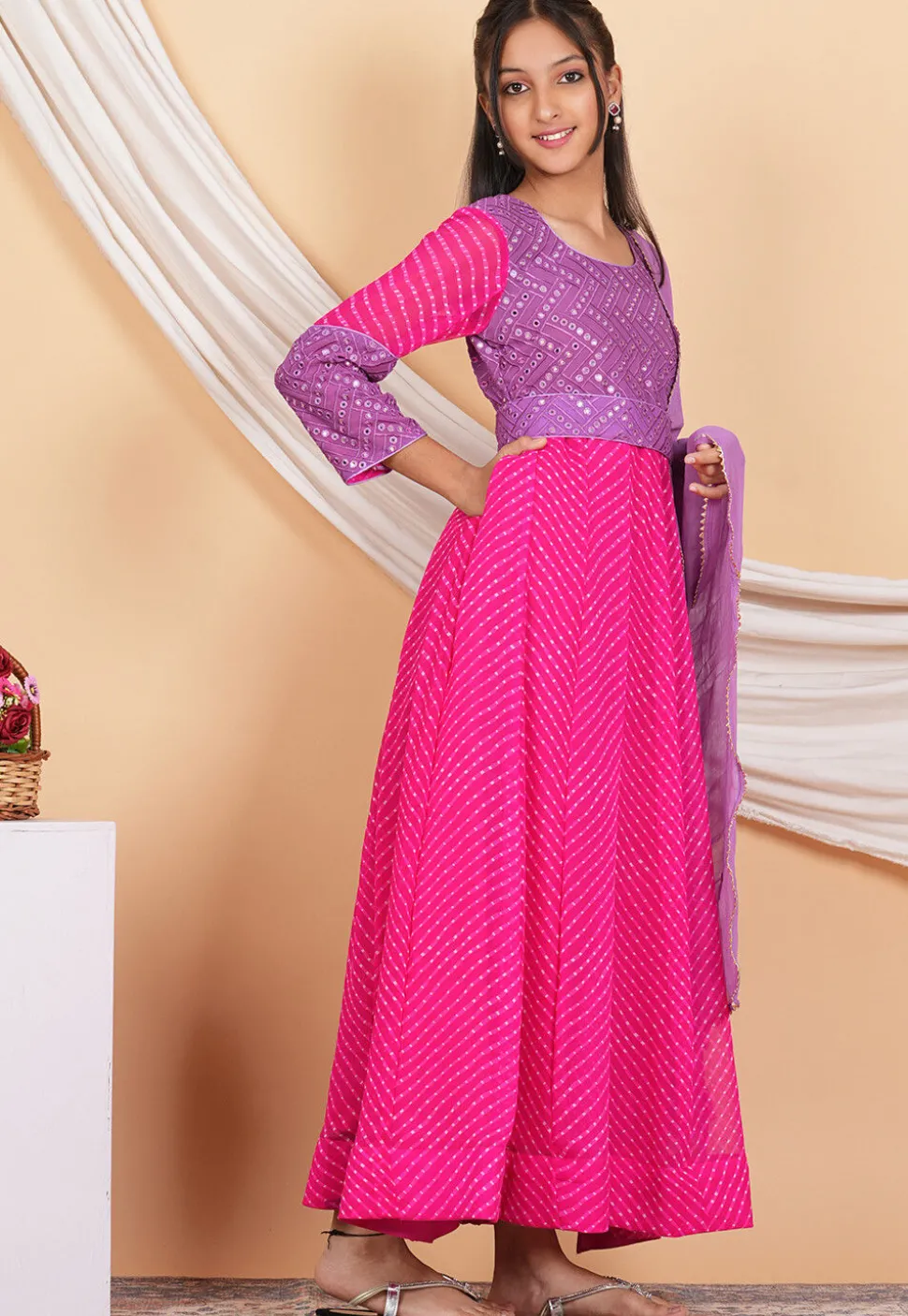 Leheriya Georgette Abaya Style Suit in Fuchsia and Purple