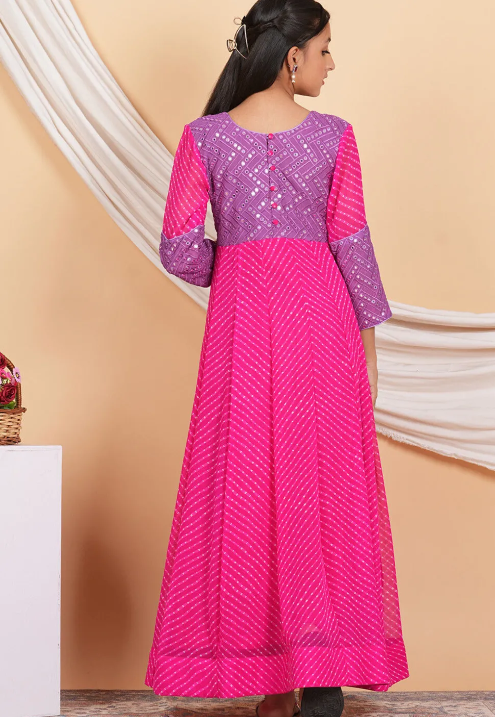 Leheriya Georgette Abaya Style Suit in Fuchsia and Purple