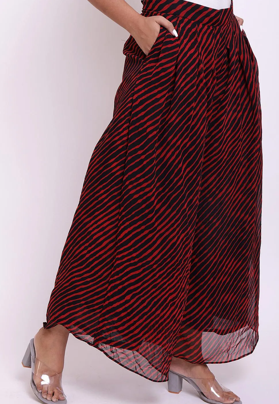 Leheriya Georgette Box Pleated Palazzo in Red and Black