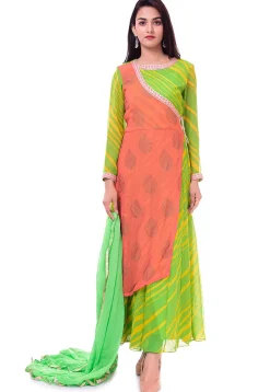 Leheriya Georgette Layered Abaya Style Suit in Green and Peach