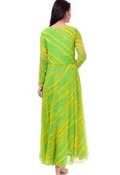 Leheriya Georgette Layered Abaya Style Suit in Green and Peach
