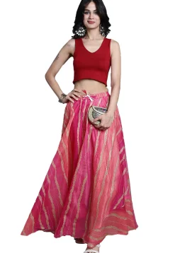 Leheriya Print Kota Doria Skirt in Pink