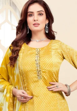Leheriya Printed Art Silk Punjabi Suit in Yellow