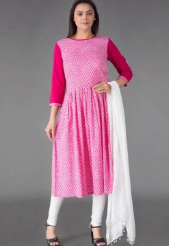 Leheriya Printed Cotton Anarkali Suit in Pink