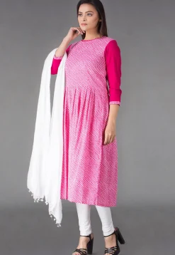 Leheriya Printed Cotton Anarkali Suit in Pink