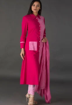Leheriya Printed Cotton A Line Suit in Fuchsia and Pink