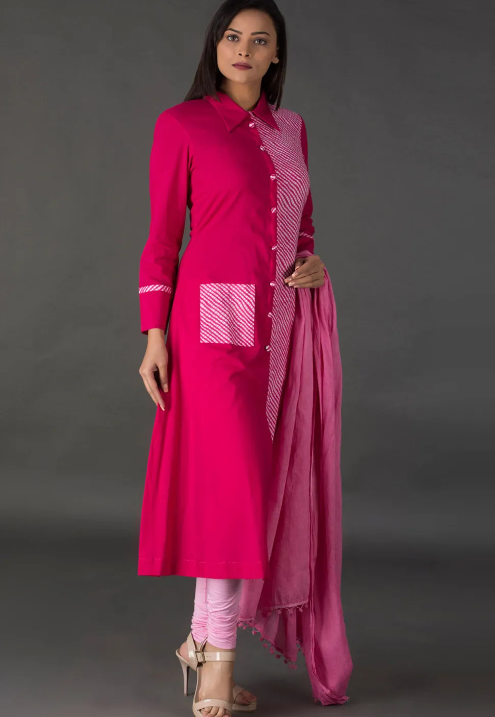 Leheriya Printed Cotton A Line Suit in Fuchsia and Pink