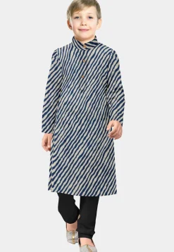 Leheriya Printed Cotton Kurta Set in White and Blue